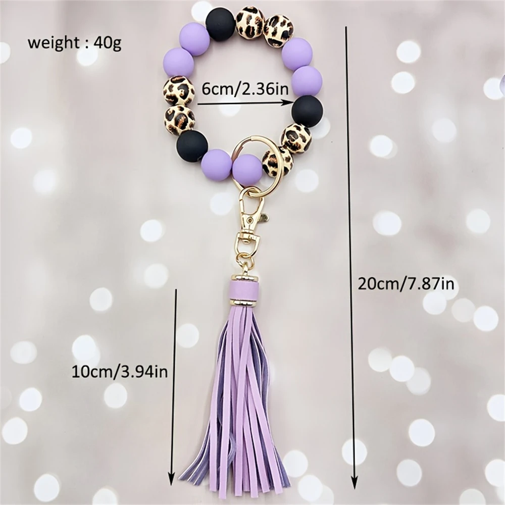 1pc Keychain Leopard-print Acrylic Bead Bracelet With PU Tassels And A Keychain Keyring Fashion Girl