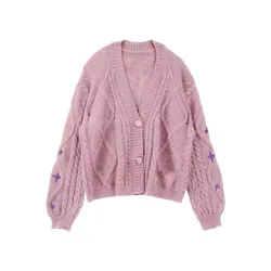 Vintage Star Embroidered Knitted Cardigan For Women New Arrival Autumn Fashion V Neck Long Sleeve Coat Lady Winter Loose Sweate