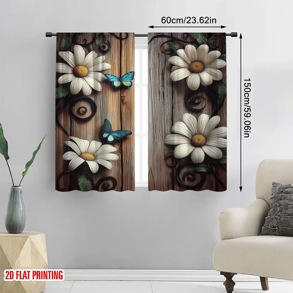 2pcs 2D flat printing Window Curtains Village Farmhouse Daisy Butterfly 100% Polyester Without Electricity Festive Holiday