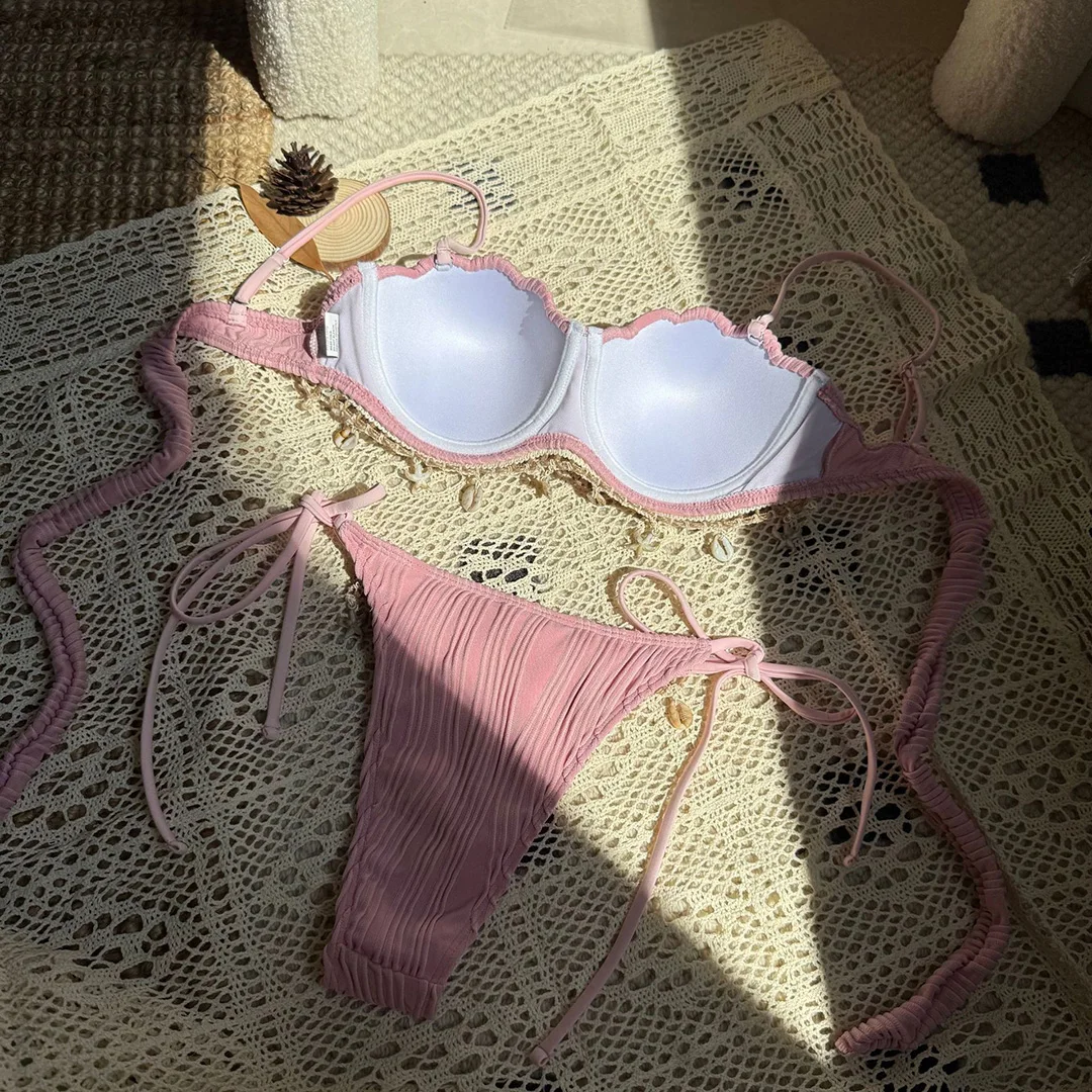 Shell Bikini mit geriffeltem, gewelltem Schnitt und Bügel, Damen-Badeanzug, zweiteiliges Bikini-Set, Badebekleidung, Badeanzug, Modell V6498C. – Detail 24