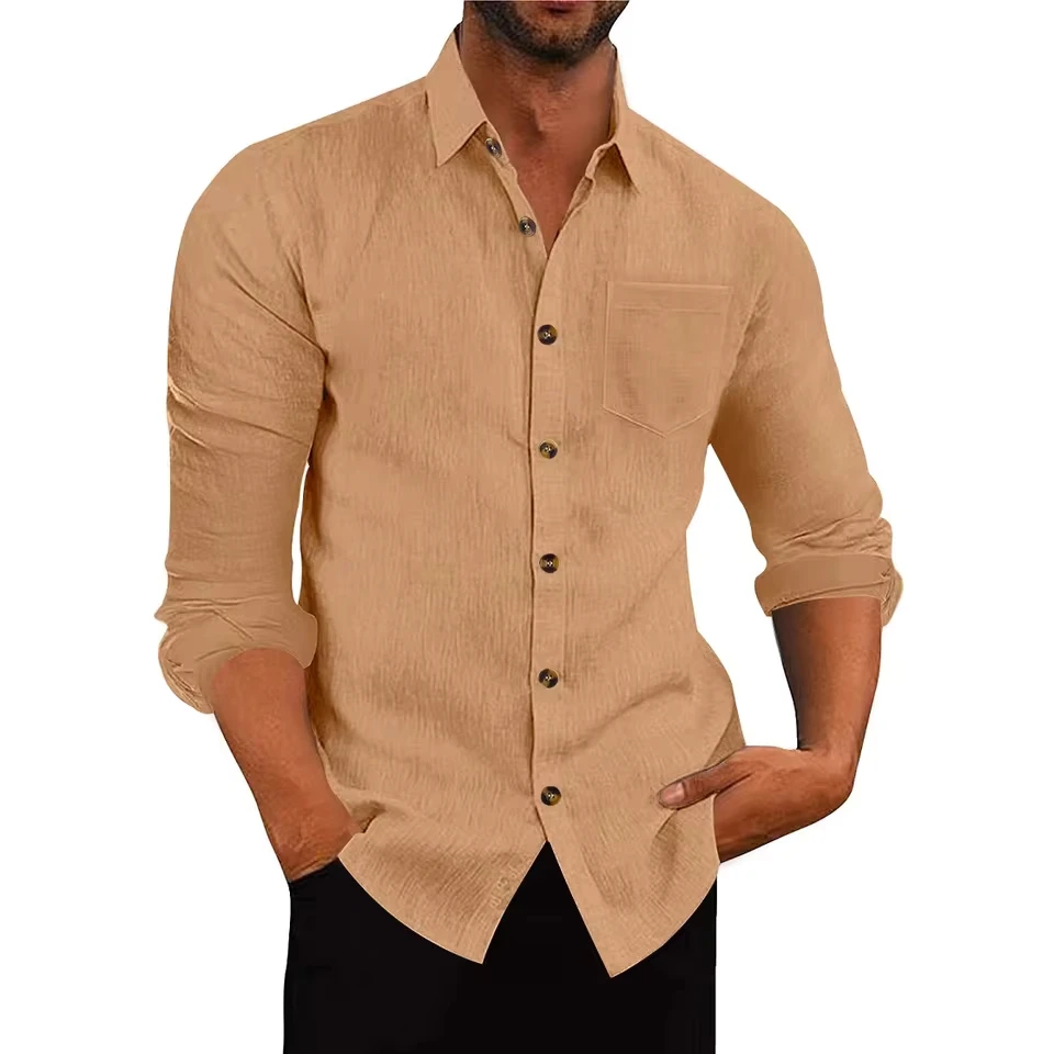 

American Style New Fashion Men’s Solid Color Turn-down Collar Long Sleeve Simple Basic Shirts Male Casual Trendy Clothes Tops