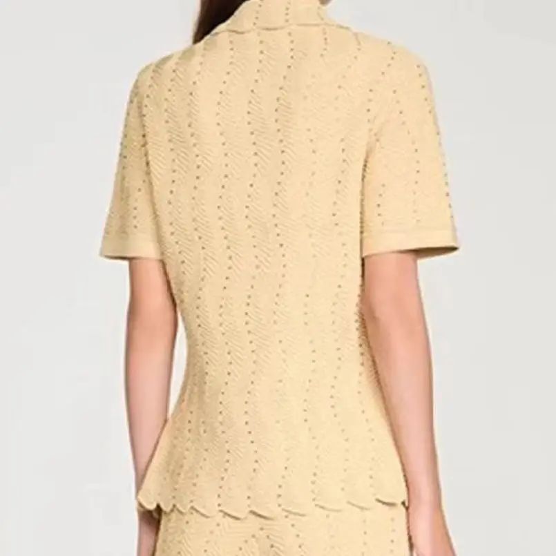 

Women Hot Drilling Hollow Out Solid Color Knitted Set Turn-down Collar Short Sleeve KnitwearTop + Spring Elegant Pants