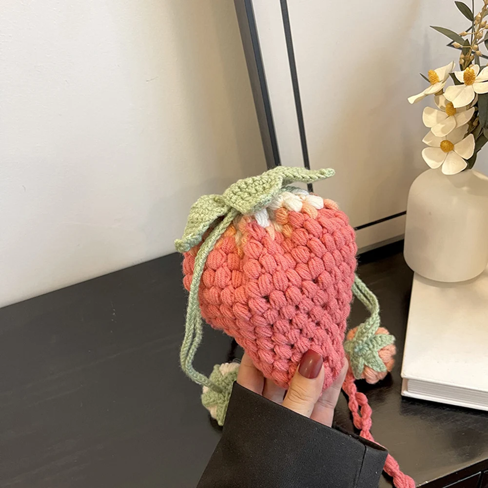 Women Kawaii Tote Handbag Versatile Strawberry Crossbody Bag Casual Adorable Shoulder Bag DIY Cartoon Crochet Bucket Purse