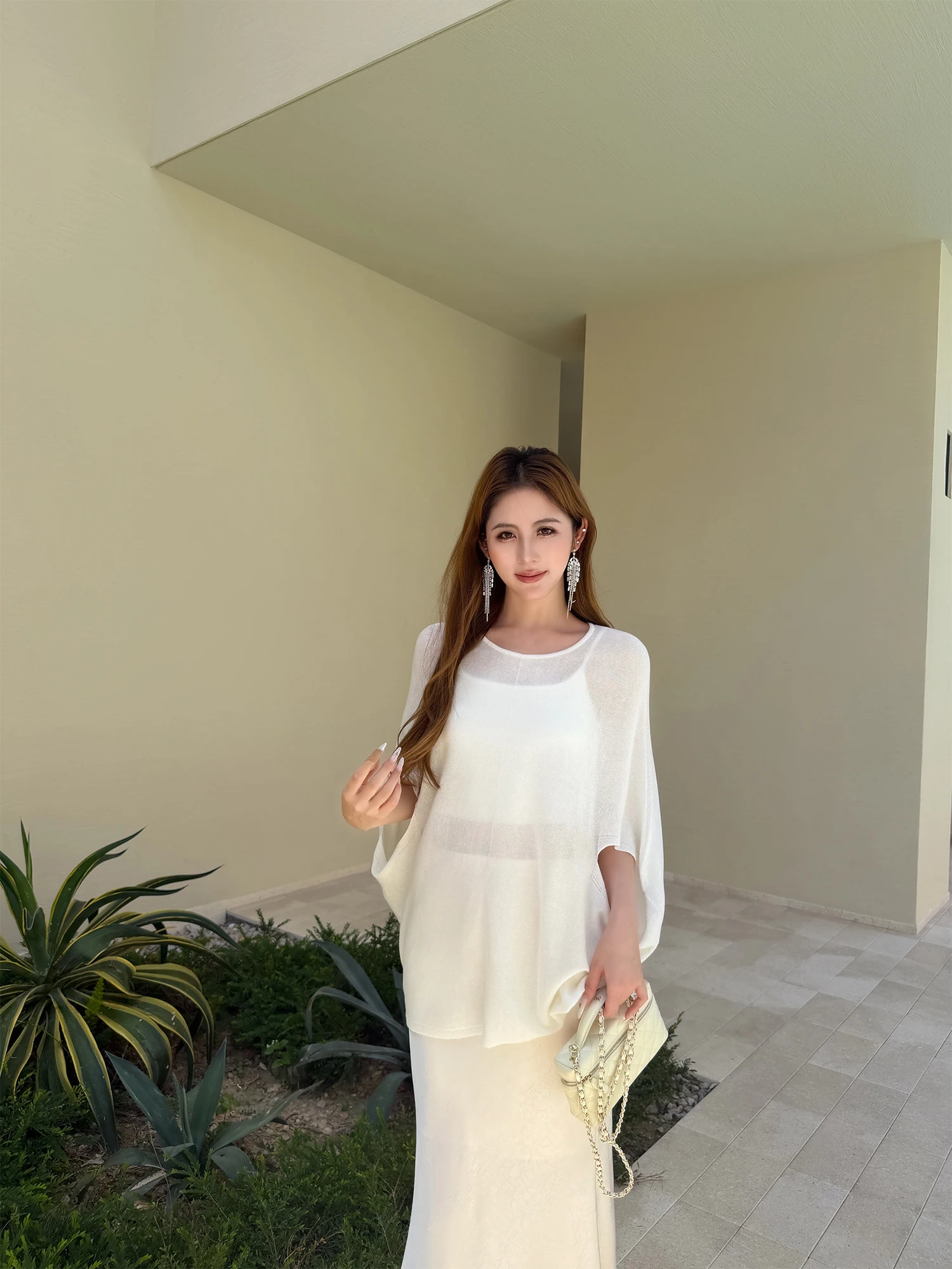 

NEVA HU Casual Style Batwing Sleeve Knitted Cover up Women Loose Fit round Neck Sun Protection Top Comfortable Leisure round ...