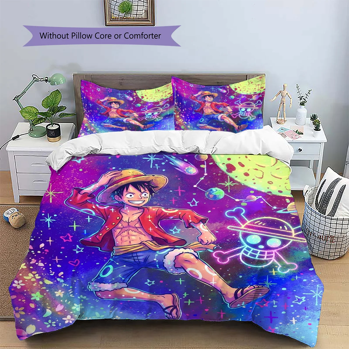 One Piece Luffy Patterned Pillowcase & Duvet Cover Set Anime Decorative Themed Bedding Bedroom Fan Gift Option.-TING