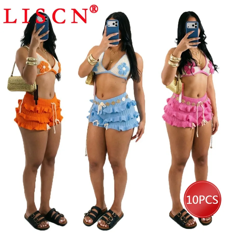 10 Wholesale Lots Short Sets Women Summer 2026 Knitting Beach Patchwork Two Piece Set Outfits Bandage Bra + Shorts K16689