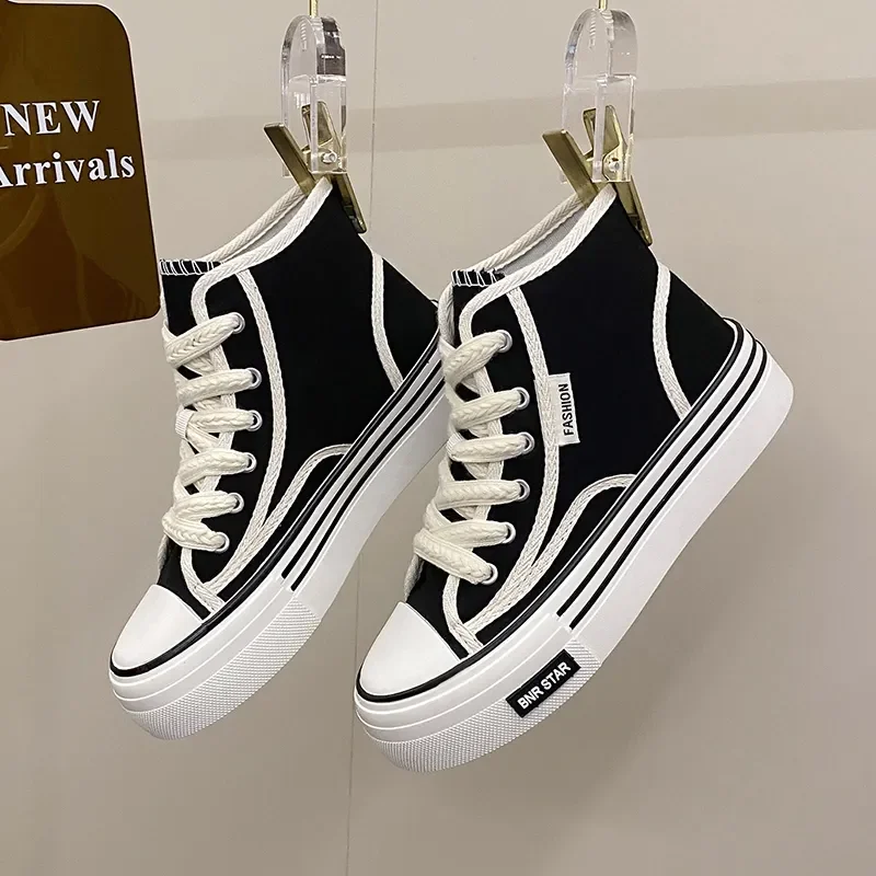 Maogu Women Autumn 2023 New Fashion Thick Platform Leisure Sports Shoe White Sneakers Breathable Casual High Top Canvas Shoes 40