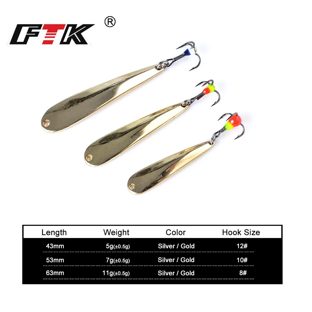 FTK 5g/7g/11g Winter Ice Fishing Lure Metal Jig Wobblers Artificial Bait Spinner Spoon for Winter Pike Fishing Lures Hooks