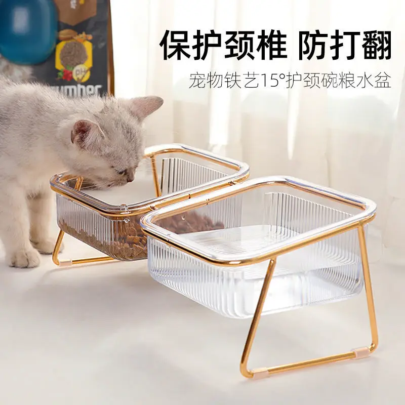 Tigela para gatos protege a coluna cervical e evita revólver Tigela dupla para comida de gato e cachorro, água potável para animais de estimação, arroz com pescoço integrado