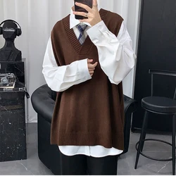 Suéter con cuello en V para hombre, Chaleco de punto Harajuku informal de gran tamaño, Jersey a juego de alta calidad, Top escolar sólido Vintage para Otoño e Invierno