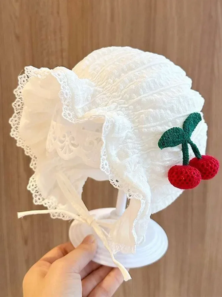 Rouge cerise bébé foulard casquette dentelle à volants princesse fille palais chapeau nouveau-né blanc dentelle couvre-chef Bonnet 0-12 mois enfants chapeaux de soleil