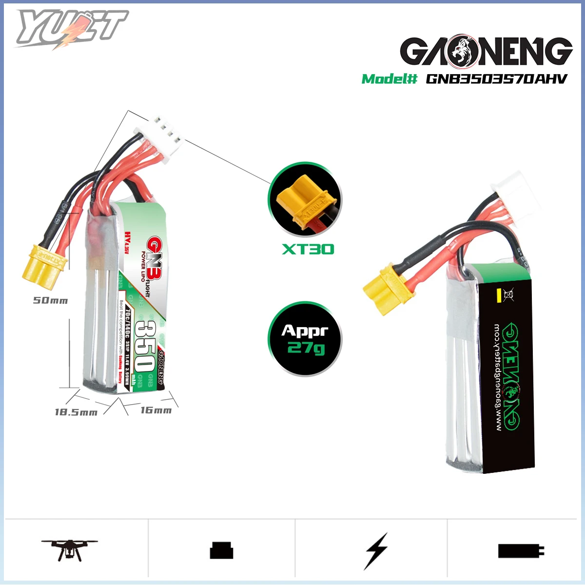 Akumulator YUCT GNB 3S LiPo 350mAh LiHV 7.6V XT30 70C/Max140C do dronów FPV, quadcopterów, Tiny Whoop i dronów wyścigowych