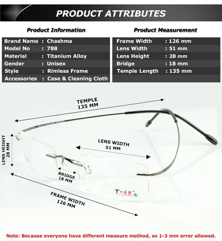 Chashma Brand armacao para oculos de grau masculino Eyewear Frames 2 G Titanium Light Rimless Glasses Frame for Man and Woman