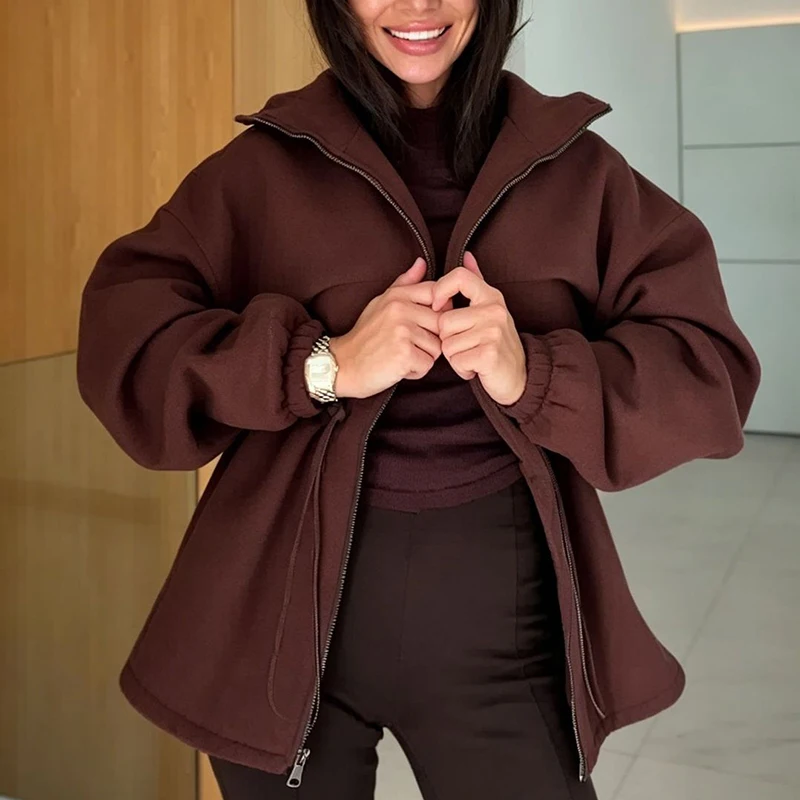 Autumn Winter New Solid Color Warm Coat Elegant Women's Slim Zipper Commute Jacket Casual Stand Collar Long Sleeve Lace-up Coat