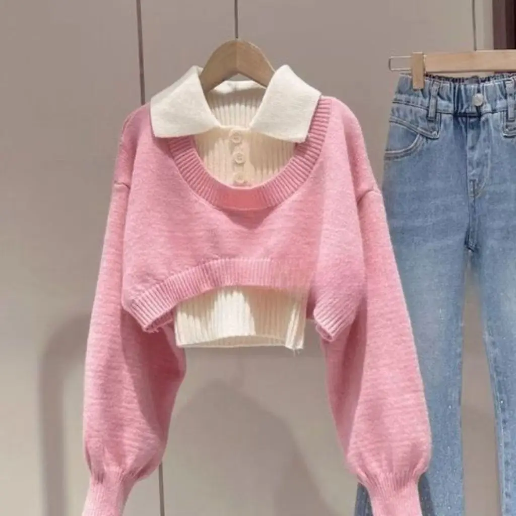 American Style Short  Collar Knitted Sweater Women's Design Sense Two-Piece Set Top Spring Autumn New Arrival