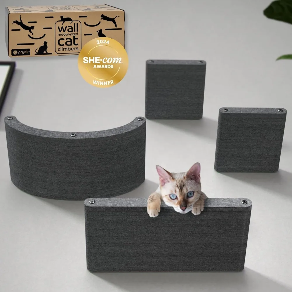 Estantes para gatos montados en la pared (juego de 4) de pryde mascotas - Muebles escaladores de enriquecimiento felino de fieltro 100% sostenibles para mascotas pequeñas y la