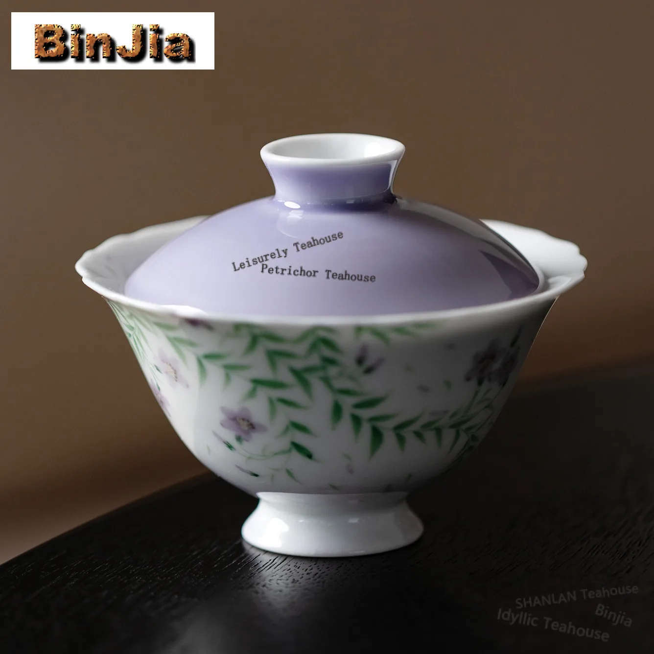 

100ml Hand Painted Purple Flower High Foot Gaiwan Japanese Tea Tureen Tea Bowl with Lid Kit Tea Maker Cover Bowl for Tea Gift