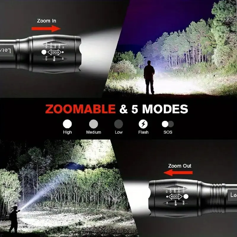 LED Super Bright Flashlight 5 Lighting Modes Portable Rechargeable Zoom Powerful flashlights For Emergency Camping Outdoor Use