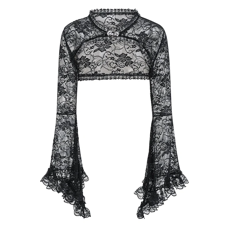 Black Transparent Floral Lace Halter Neck Flared Sleeve Victorian Steampunk Jacket Women Gothic Coat Dark Top Sexy y2k Clothes