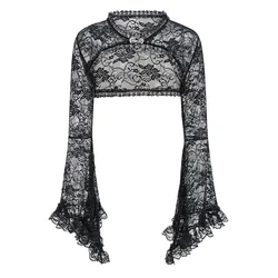 Black See Through Floral Lace Long Flare Sleeve y2k Dark Clothes Women Steampunk Coat Gothic Vintage Top Sexy Victorian Jacket
