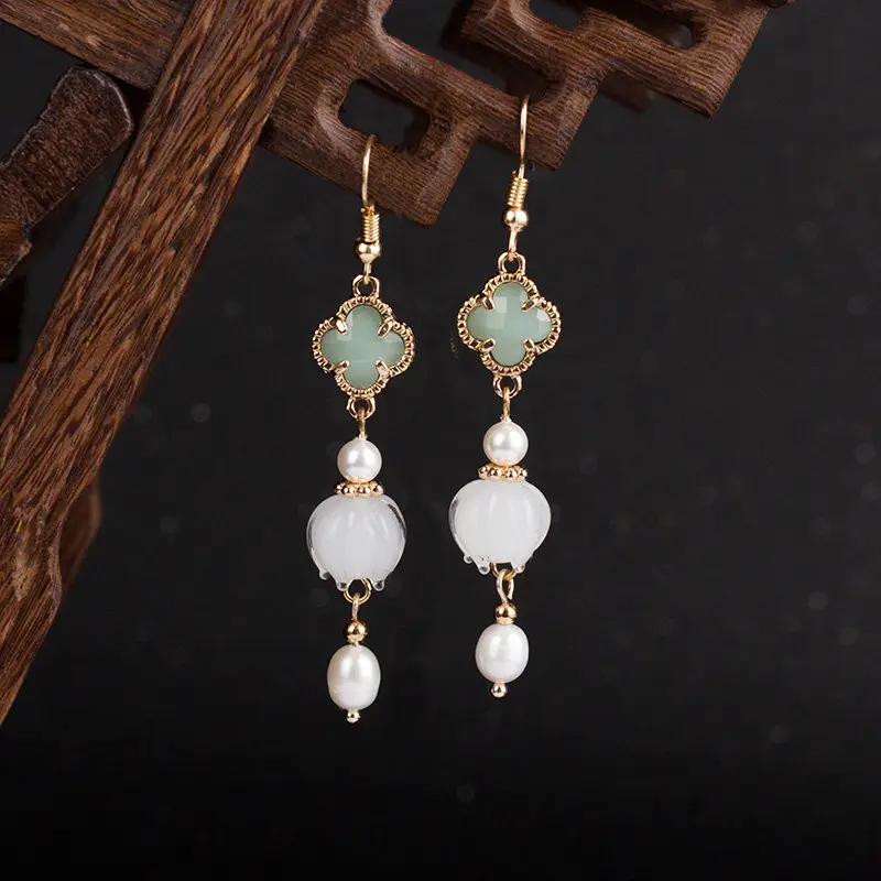 Chinese Style Hanfu Retro Dangle Earrings 925 Silver Gold Plated Hook No Piercing Clip On Earrings Lucky Clover Lily Of The Vall