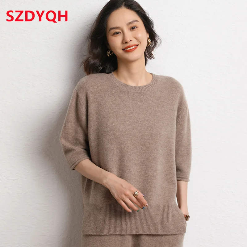 Hot Sale 100% Cashmere Sweaters Women\'s Loose Large Size Pullovers Autumn Female Casual Clothing Short Sleeve Soft Jumper Tops