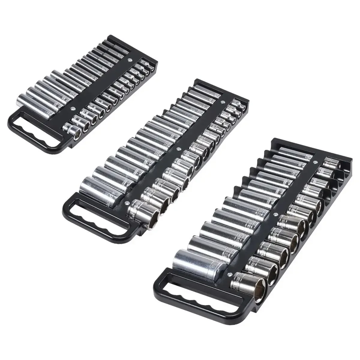 

SucceBuy 3PCS Magnetic Socket Organizer Tray 3/8'' 1/2'' Metric & SAE Socket Holder Set up to 76 Sockets for Tool Box Drawer