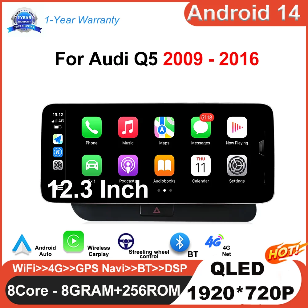 12.3 " Android 14 Wireless Carplay Multimedia Stereo For Audi Q5 B9 2009 - 2016 WIFI 4G BT QLED Touch Screen GPS Navi Receiver