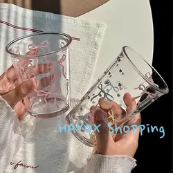Girl Pink Bow Transparent Water Cup, Glass Coffee Cup, High Appearance Level Breakfast Cup Milk Super Cute Girl Gift Mug