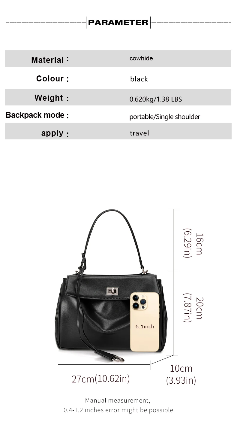 Echte Rindsleder-Handtasche für Damen, Einzel-Schulter-Umhängetasche mit Klappe und Knopf, Geräumige Hobo-Tasche – Detail 4
