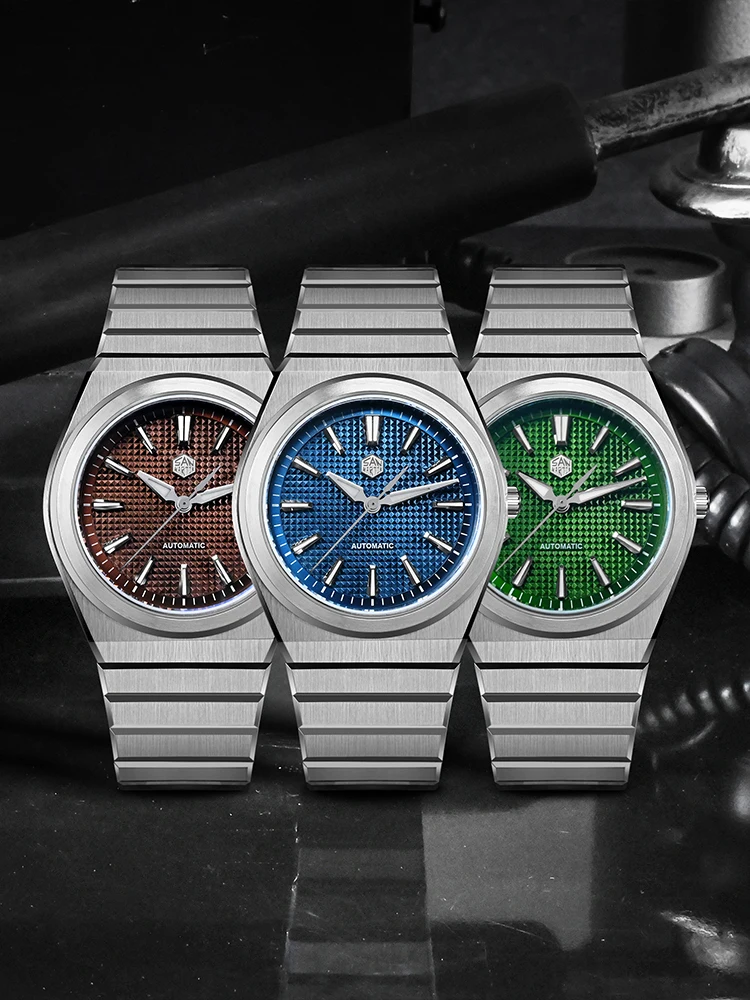 San Martin New 39mm Miyota 90S5 Men Wristwatch 3D Waffle Dial Integrated Bracelet Transparent Caseback 10Bar Luminous SN0152