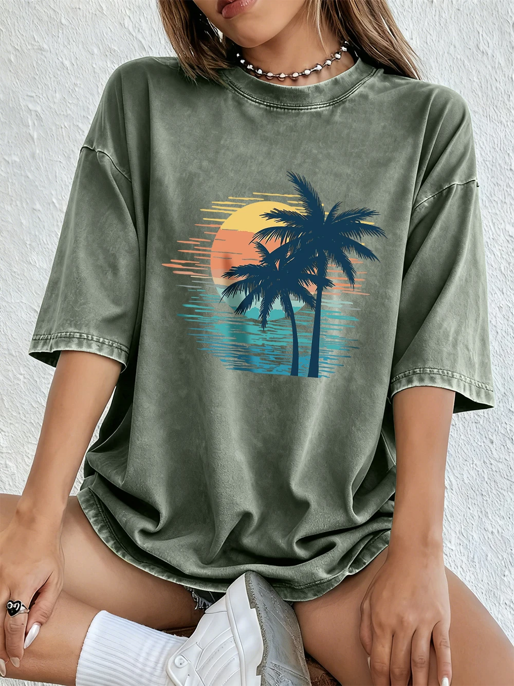 Sonnenuntergang Kokospalmen-Szene Baumwoll-Washed-T-Shirts für Damen – Sommerliche Basic Oversized Oberteile, bequem, weich, Distressed, O-Neck Streetwear – Detail 15