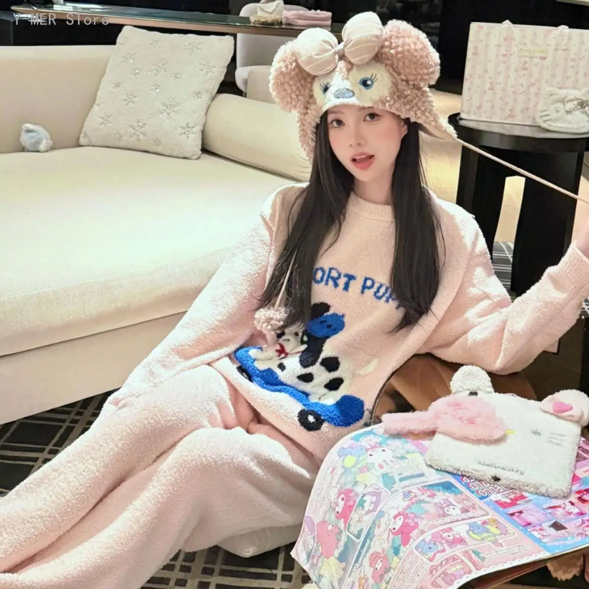 Women Autumn Winter Popular Half Sided Fleece Pajama Set Elegant Cute Dog Embroidery Soft Warm Casual Loungewear Sleepwear