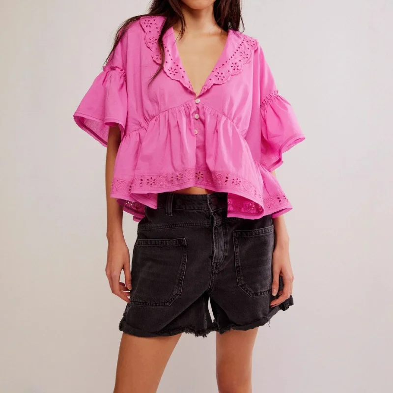 

Elegant Solid Color Top with Puff Sleeves 2026 New Summer Women Fashion Blouse