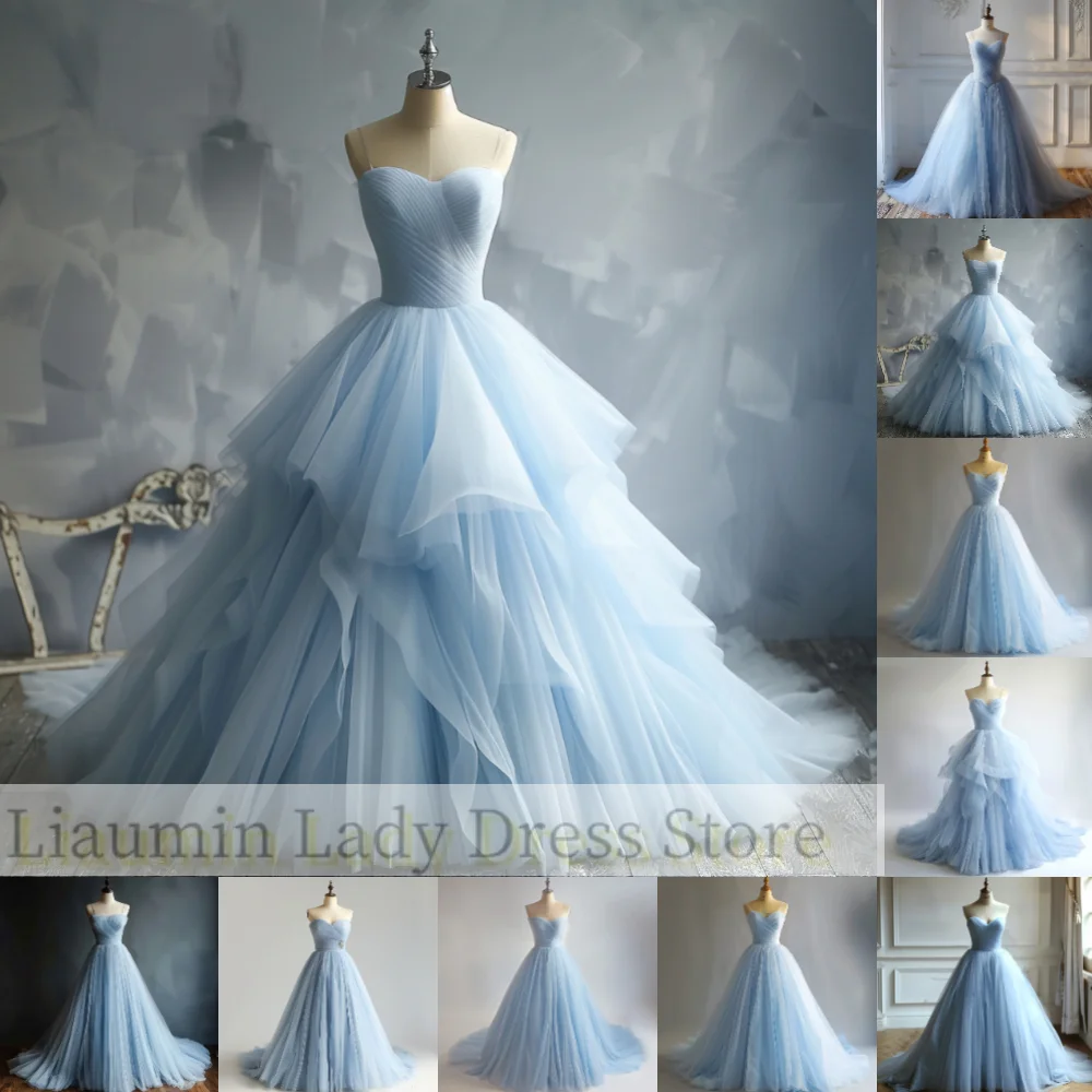 Classic Simple Sky Blue Tulle Black Strapless Ball Gown Prom Formal Dresses Evening Party Lace Up Back Custom Hand Made A4-1