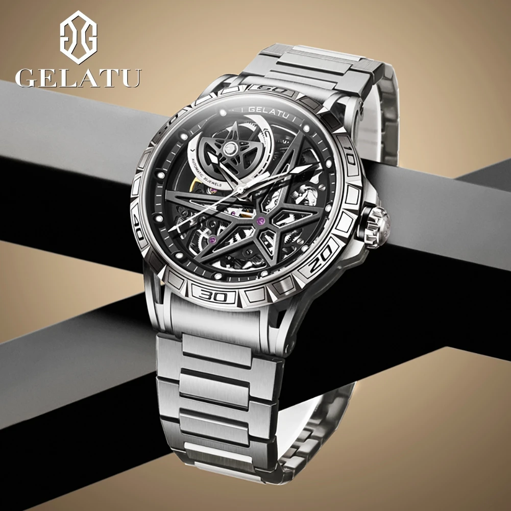 GELATU Original Brand Mechanical Watch for Men Fashion Trends Hollow Gear Dial Full Automatic Wristwatch Luminous Waterproof