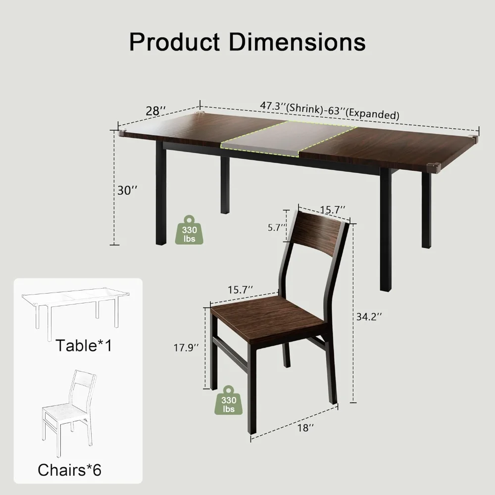 Feonase-Juego de mesa de cocina con 6 sillas, juego de mesa de comedor extensible de 7 piezas para 4-6, comedor moderno de mediados de siglo, 63"