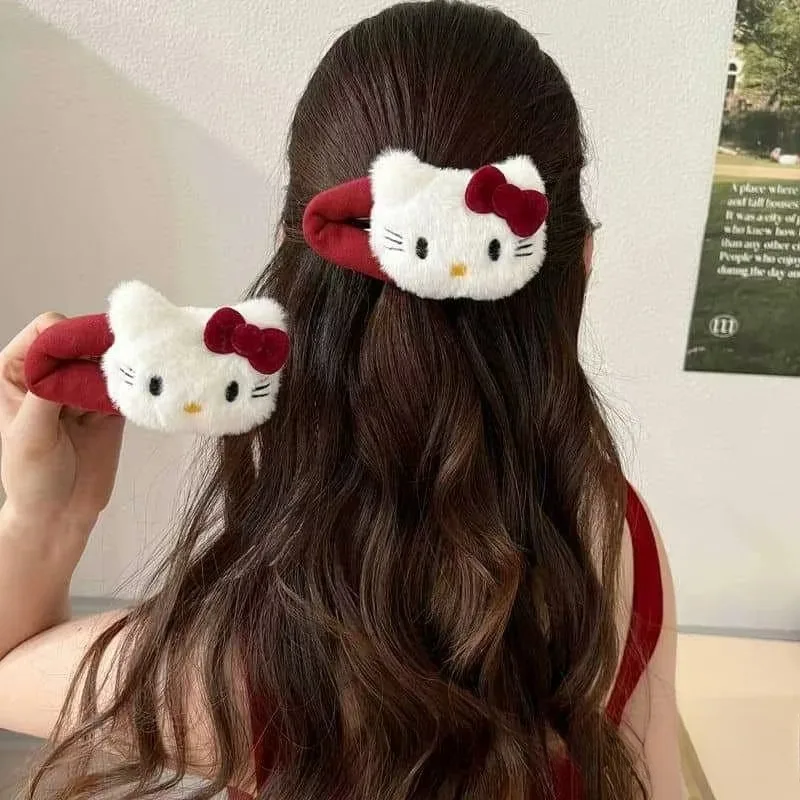 Sanrio Hello Kitty Hairpin Autumn and Winter Cute Plush Kitty Sweet Red Bow Hairpin Girl Bangs Cartoon BB Hair Accessories