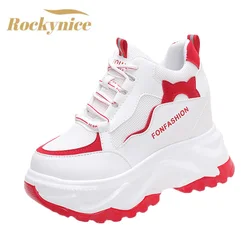 New 2026 Summer Women High Platform Shoes 9CM Comfortable Chunky Sneakers Breathable Leather Wedges Casual Sport Dad Shoes Woman