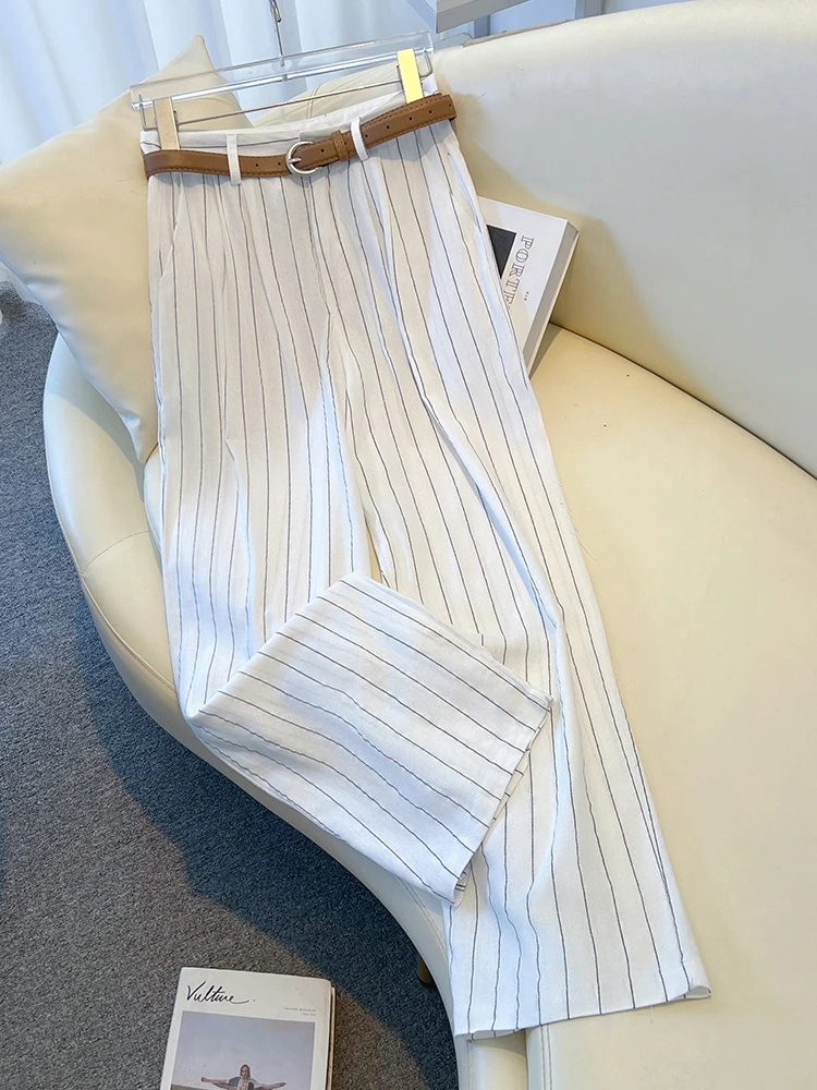 Pantalones informales a rayas blancas para mujer, pantalones finos sueltos de pierna ancha, cintura alta, estilo coreano, para ir al trabajo, primavera, otoño y verano