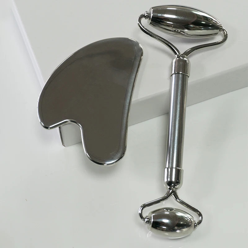 2pcs Face and Eye Stainless Steel Heart-shaped Scraping Board with Dual Roller Massager Muscle Massage Beauty and Skincare Tool