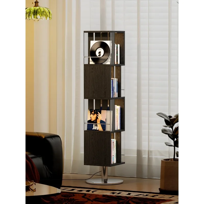 Black rotating bookshelf, ambient light display cabinet, floor-to-ceiling vertical bookshelf