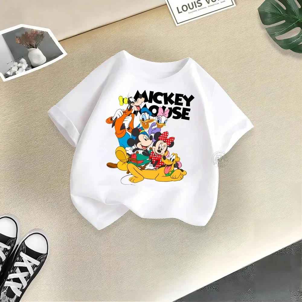 Disney Mickey Minnie Summer Cotton T-shirt Street Casual Fashion Boys Girls Crewneck Tops Lively and Cute Children's Clothing