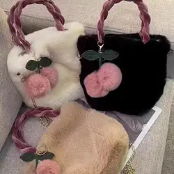 Versatile Cute Cherry Girl Plush Handbag for Women 2024 New Autumn/Winter Plush Single Shoulder Crossbody Bag for Women