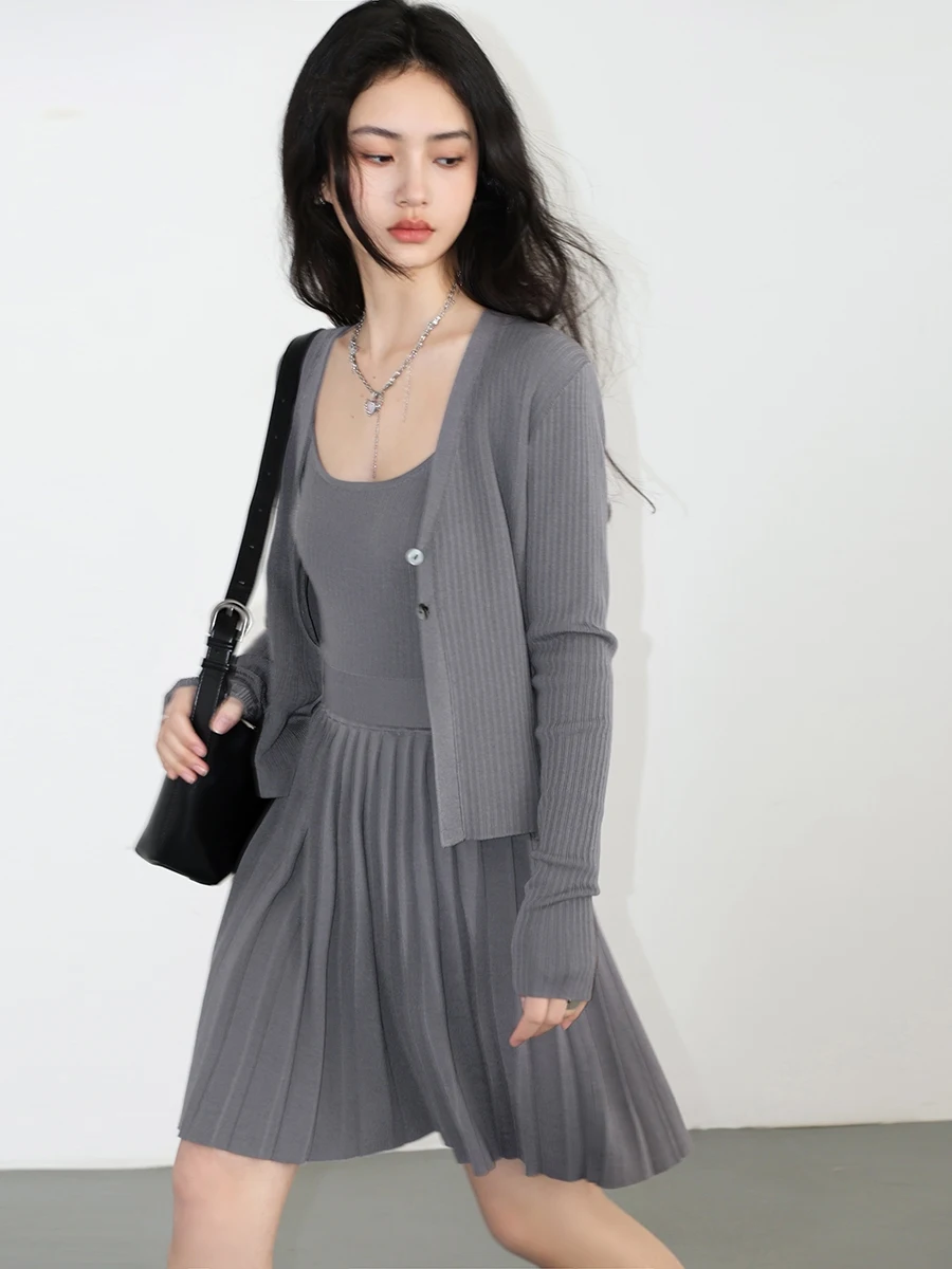 CHIC VEN Women Cardigan Loose Casual New V-neck Female Sweaters Woman Top Suspender Pleated Dress Set Spring Summer 2024