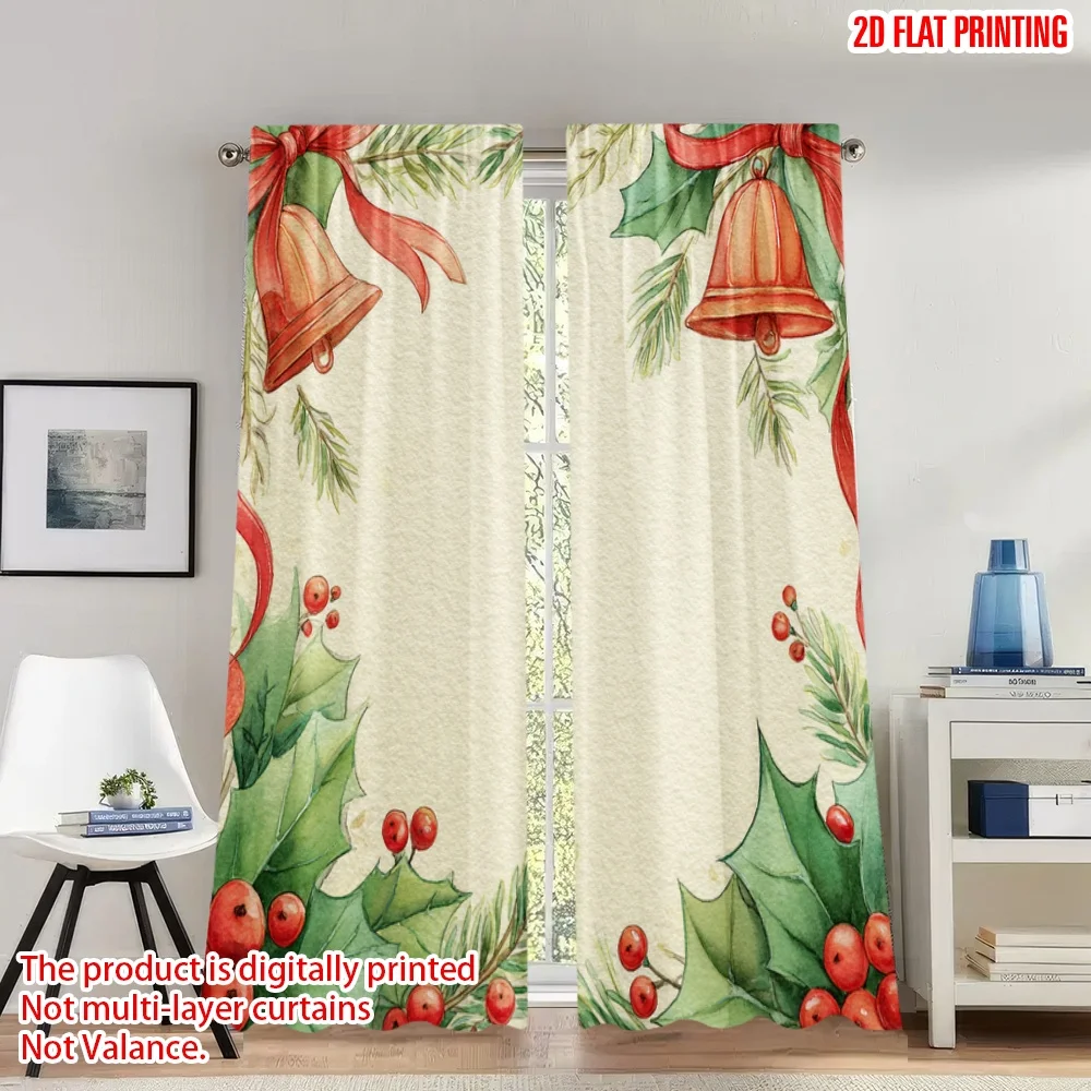 

2pcs 2D flat printing Christmas Hot Party Curtains Christmas Holly Bells Border Digital Printed Polyester Drapes Family Party