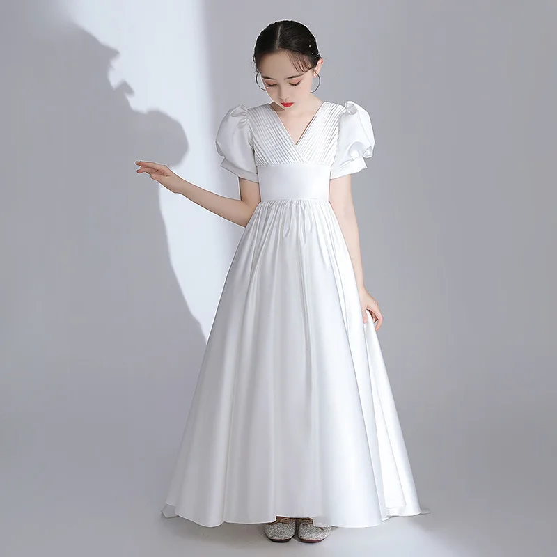 

2024 Elegant Solid Color Dresses For Children Formal Banquet Girls Slim Fit Ball Gowns Birthday Party Stylish Princess Dress