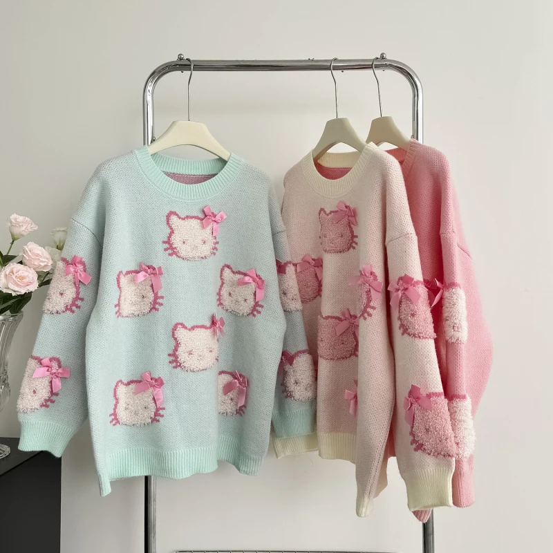 Winter Warm Kawaii Sweet Knitted Sets For Women Cartoon Pullover Knitting Loose Sweater Tops+knit Pants Sets Women Clothing 2024