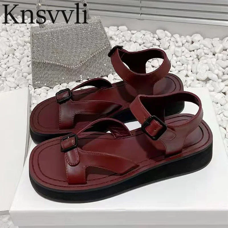 Thick Sole Rome Sandals Women Genuine Leather Ankals Buckle Strap leisure Beach Shoes Comfort Summer Flat Sandalias For Woman