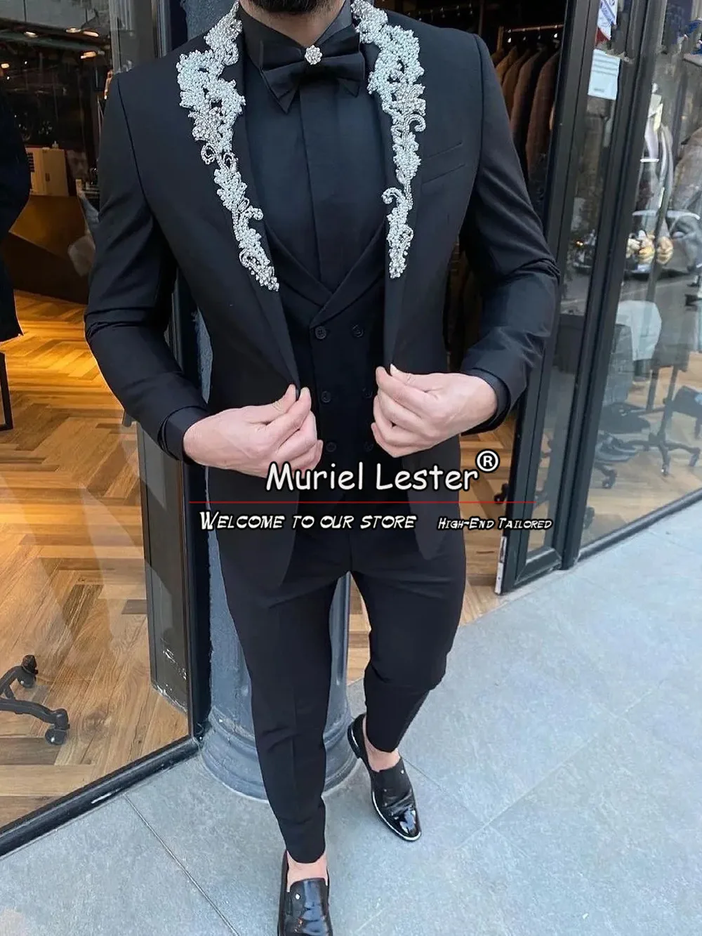 Luxury Groom Wear Wedding Sutis For Men Handmade Pearls Lapel Jacket Slim Fit Best Man 3 Pieces Blazer Vest Pants Male Clothing